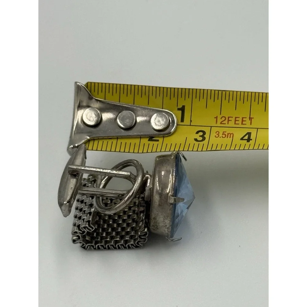 Vintage Silver-Tone Mesh Wrap Cufflinks Blue Rhinestone Round Center Mid-Century